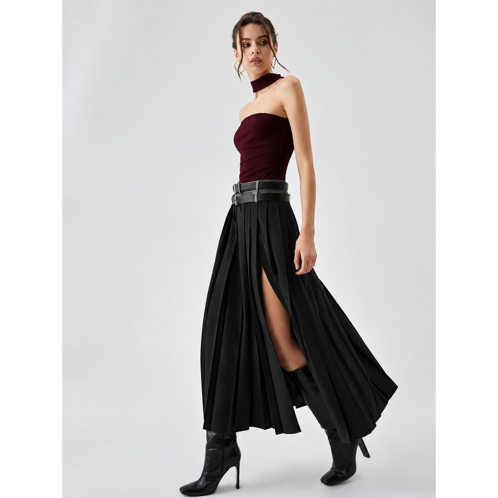 COMMENSE Black Pleated Split Maxi Skirt High Waist Elegant US 12 XL NWT